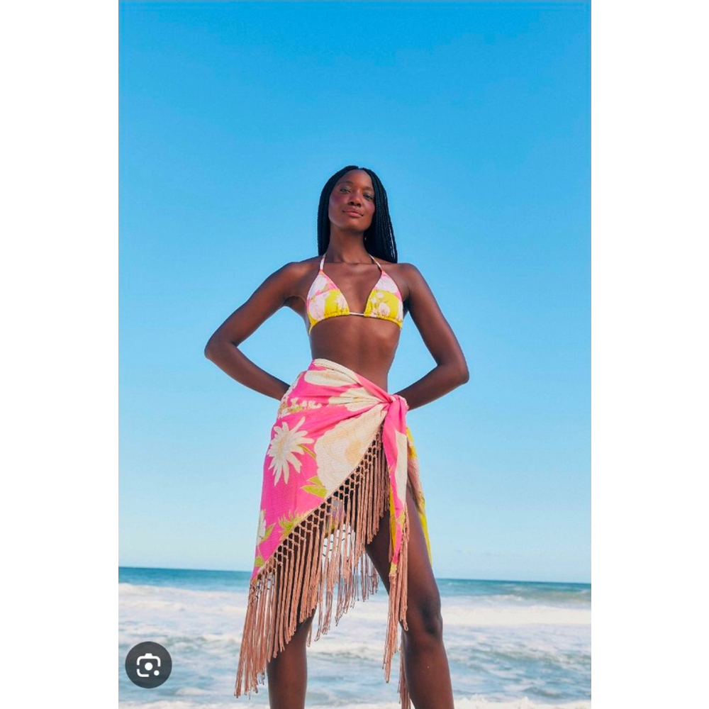 FARM Rio Fringe Wrap Skirt Sarong O/S Pink Yellow Floral Boho Resort